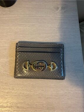 Gucci Gray Snakeskin Card Holder with Gold GG Horsebit